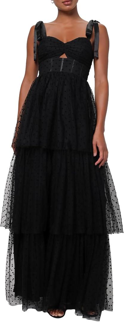 Lulus Billie Keyhole Cutout Swiss Dot Maxi Dress for Women, A-Line Black Formal Dress XL