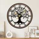 Large Wall Clock,24 Tree of Life Metal & Wood Wall Clock with Bird Design,Decorative Non-Ticking Wall Clock for Living Room,Farmhouse Home Decor (Arab)