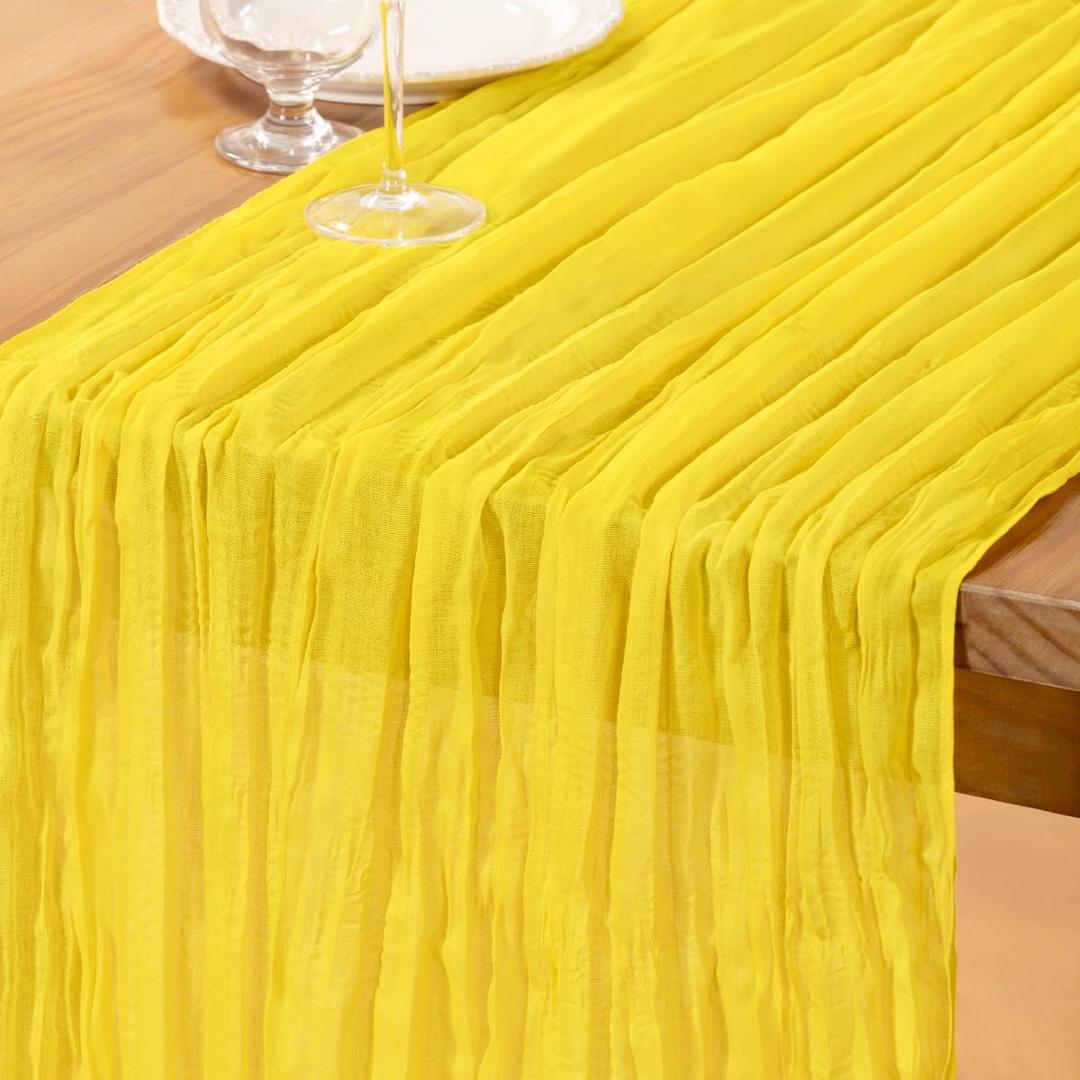 DeZerlor Lemon Yellow Cheesecloth Table Runner Summer Table Runner Boho Gauze 120 Inches Cheese Cloth Table Decor for Wedding Bridal Baby Shower Parties