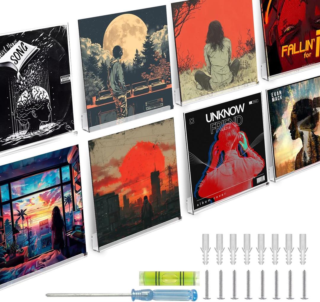 12-Inch Clear Acrylic Vinyl Record Shelf Wall Mount, 8-Pack Floating Album Display for Vinyl Records, Books, and Dcor  Perfect for Living Room, Bedroom, Bathroom, or Kitchen,