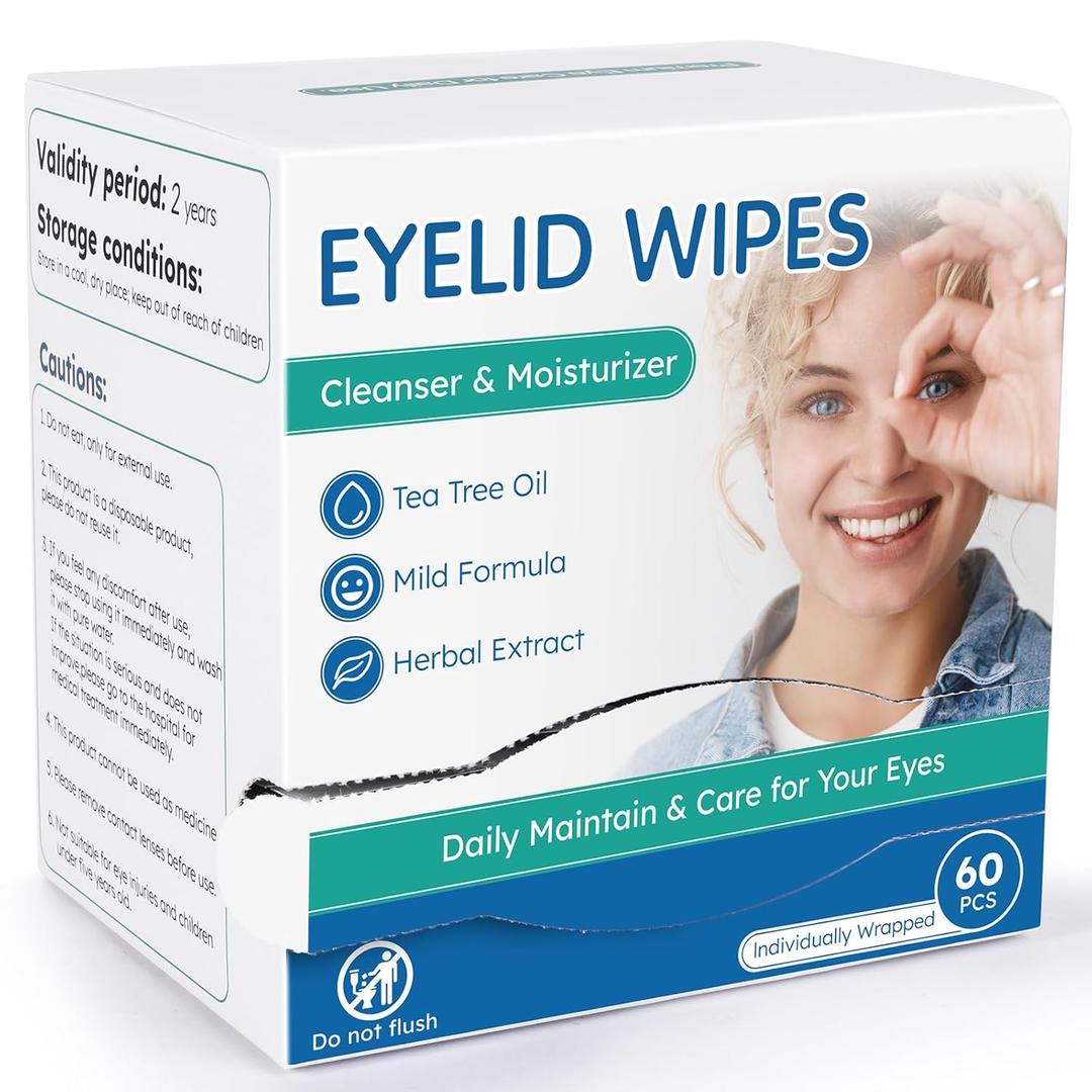 60-Count Eyelid Cleansing Wipes for Dry Eye & Blepharitis, tea tree oil Pre-Moistened Hypoallergenic EyeWipes for Sensitive Itchy Eyes, Individually Wrapped Eyelid Wipes Travel Essentials