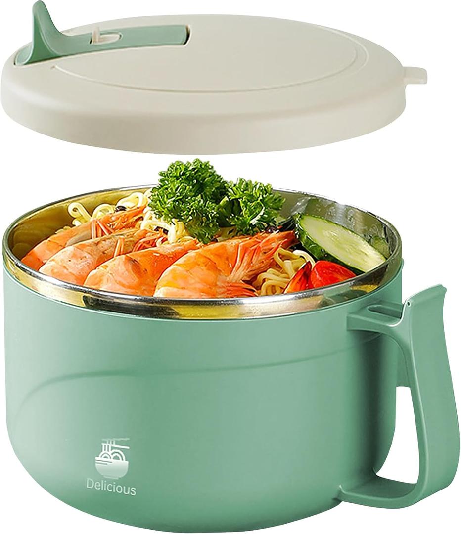 Microwave Ramen Bowl with Handles,304 Stainless Steel Liner Bowl, Microwavable Soup Mug with Lid Large Soup Cups for Ramen Noodle Cereal,42 oz(Gree)