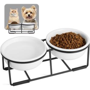 Ceramic Elevated Dog Bowl Set - Double Dog Food and Water Bowls with Metal Stand - Raised Pet Dishes for Puppies and Cats - 1 Cup - 13.5 fl oz - Matte White