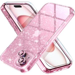 Choiche Compatible for iPhone 15 Case Women Phone Case, Cute Bling Sparkly, Military Grade Drop Protection, 2 Diamond Camera Lens Covers, 2 Tempered Glass Protectors, 6.1 Inch (Glitter Pink)