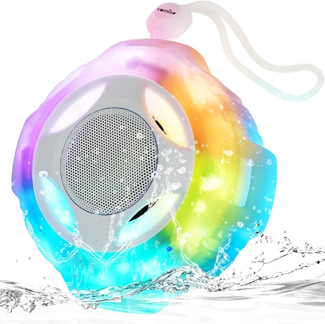 comiso Shower Bluetooth Speaker, Waterproof Bluetooth Speakers IPX7, Floating Portable Wireless Speaker with LED Light, Loud HD Sound and Bass for Travel Beach Shower, Ideal Gifts for Men and Women (Crystal)