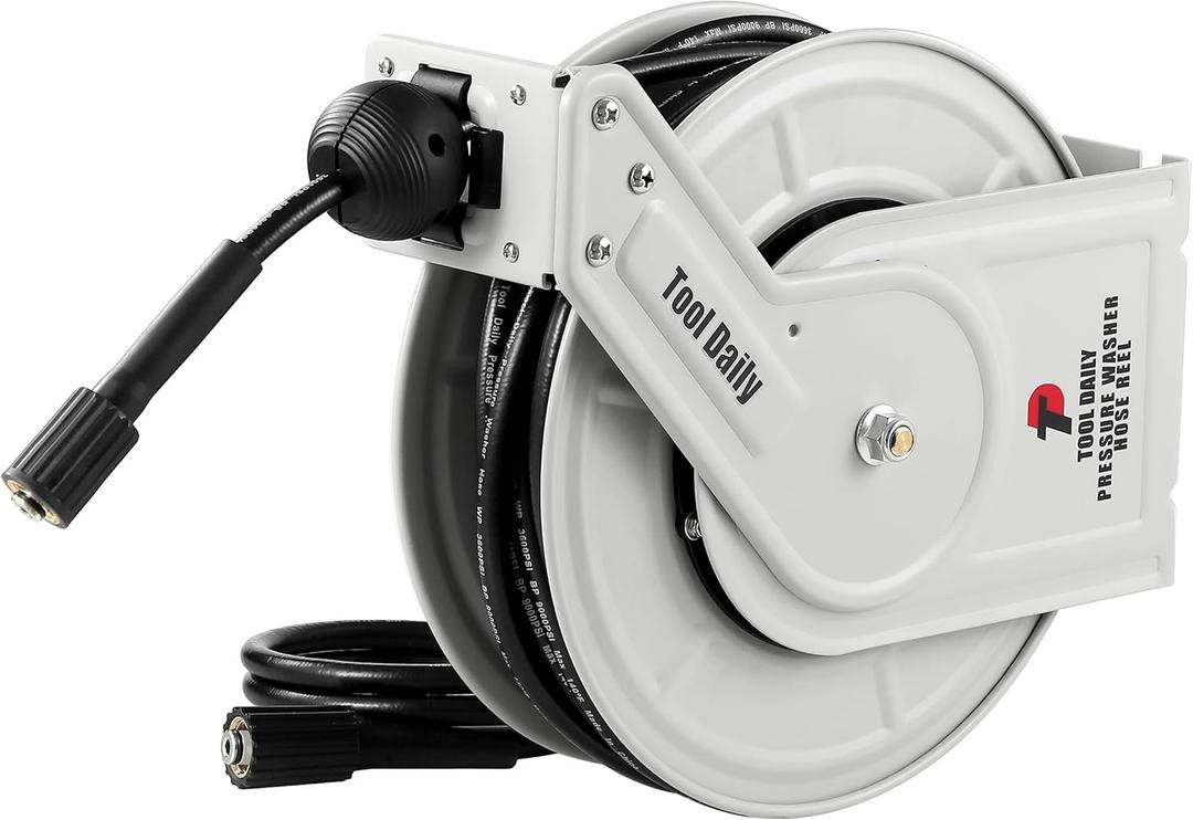 Tool Daily Retractable Pressure Washer Hose Reel 60 FT x 1/4, Heavy Duty Power Washer Hose Reel 3600 PSI, Auto-Rewinding, Wall/Floor Mounted