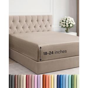 Extra Deep King Fitted Sheet - Hotel Luxury Single Fitted Sheet Only - Easily Fits 18 inch to 24 inch Mattress - Ultra Soft, Wrinkle Free w/Extra Deep Pockets - Breathable & Comfy - Heathered Beige