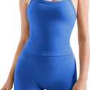 SUUKSESS Women 2 Piece Workout Sets High Waisted Tummy Control Biker Shorts Halter Padded Tank Tops (Blue, L)