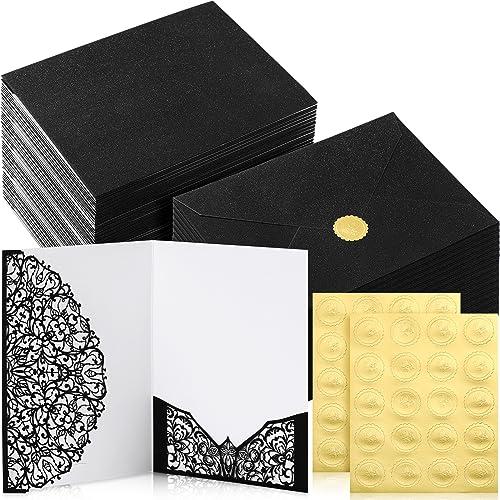 PerKoop 100 Set 5 x 7 Laser Cut Wedding Invitation with Envelopes and Wax Seal Stickers Blank Pocket Invitation Cards Kit for Wedding Bridal Shower Engagement Invite(Black)