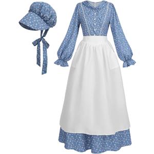 Nuoqi Prairie Dress Women Colonial Pioneer Dress with Bonnet Adult Colonial Costumes (Large, Blue)