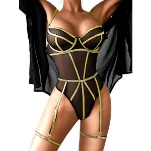 Kaei&Shi Rave Outfits For Women, Sparkly Strappy Corset Bodysuit, Festival Sequin Rhinestone Metallic, Sexy Mesh Lingerie (4-6, Black Gold)