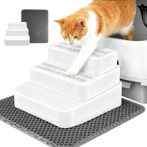 Adjustable 3 Steps Litter Box Ramp with Litter Mat, Cat Litter Box Step with Litter Trapper, Detachable & Non-Slip Cat Stair for Automatic Boxes Small Elderly Cats