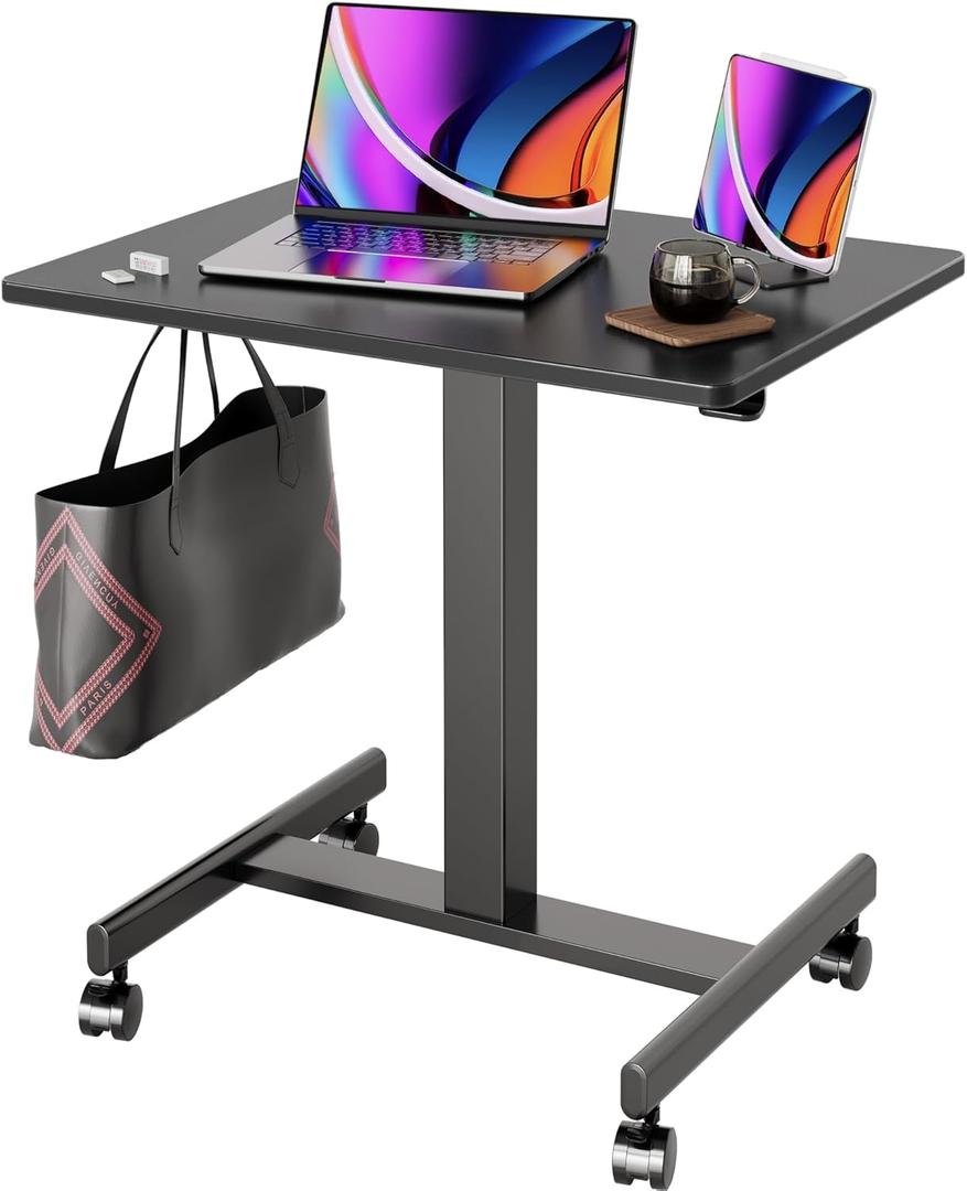Claiks Mobile Standing Desk, Small Rolling Adjustable Desk with Wheels, Pneumatic Mobile Desks Workstation with Hook, Black (28 inch)