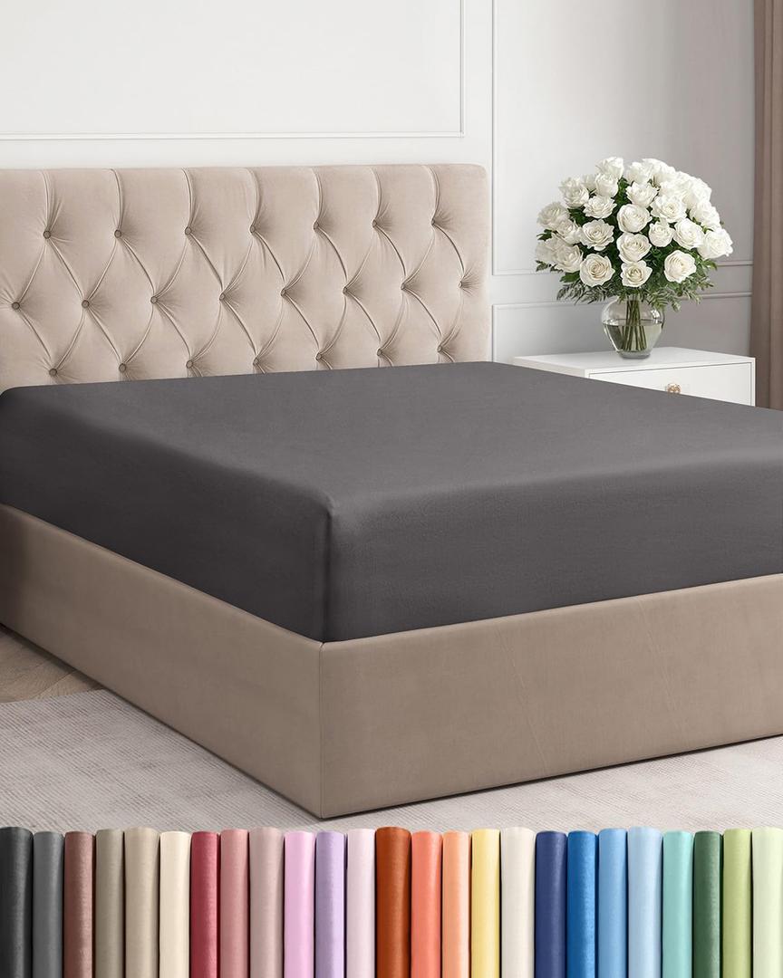 Queen Fitted Bed Sheet - Bottom Single Fitted Sheet Only - Soft Hotel Luxury Bedding w/ 8-16 Inch Deep Pockets - Breathable, Cooling & Wrinkle Free - Easy-Care, Fade and Shrink Resistant - Dark Grey