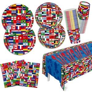 141Pcs World Cup Party Decorations 2026 Soccer Party Supplies Collect International Flags Decorations for Around the World party decorations Cutlery Paper Plates, Napkins, Cups, Tablecloth