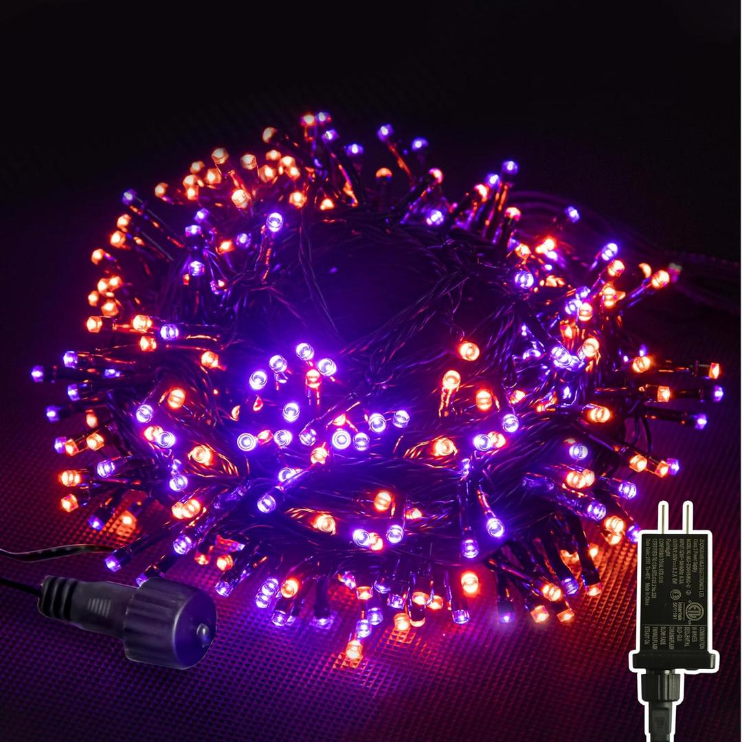 JACKYLED 300LED Purple & Orange Christmas Lights, 109FT Outdoor String Lights Connectable, Memory Function, 8 Modes Indoor Christmas Decorations for Party Carnival Supplies, Outdoor Yard Garden Decor