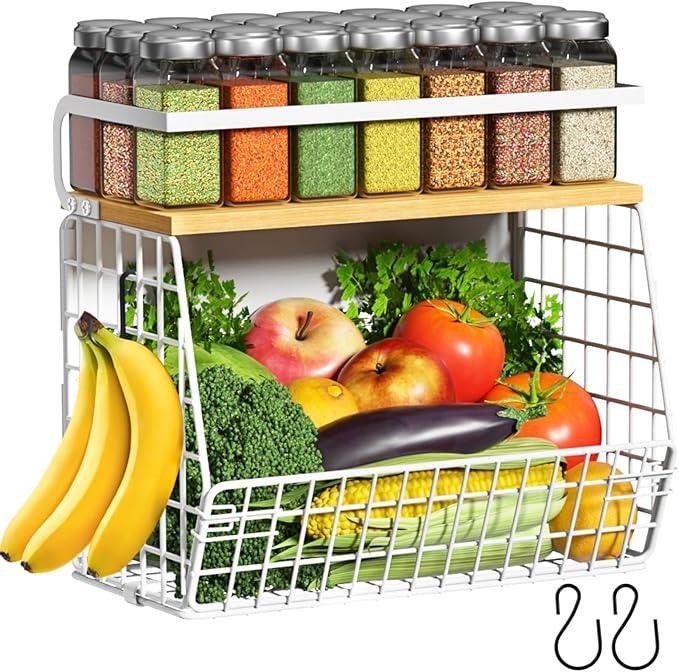 Ofirayhome Magnetic Fridge Shelf with Wood Lid, Fruit Potato Onion Storage Bins, Pantry Organizers, Large Container Spice Rack for Refrigerator, Kitchen Counter, Cabinet (2, White)