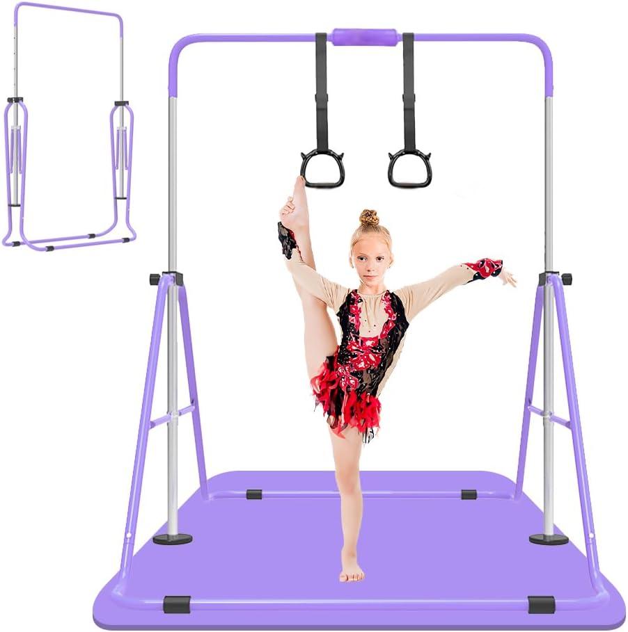 Expandable Gymnastics Bar for Kids, Adjustable Height Junior Training Kip Bar, Folding Gymnastic Horizontal Bars Monkey Bar, Home Gym Equipment for Kid Gymnasts, Child, Girl, Boy (Purple with mat)