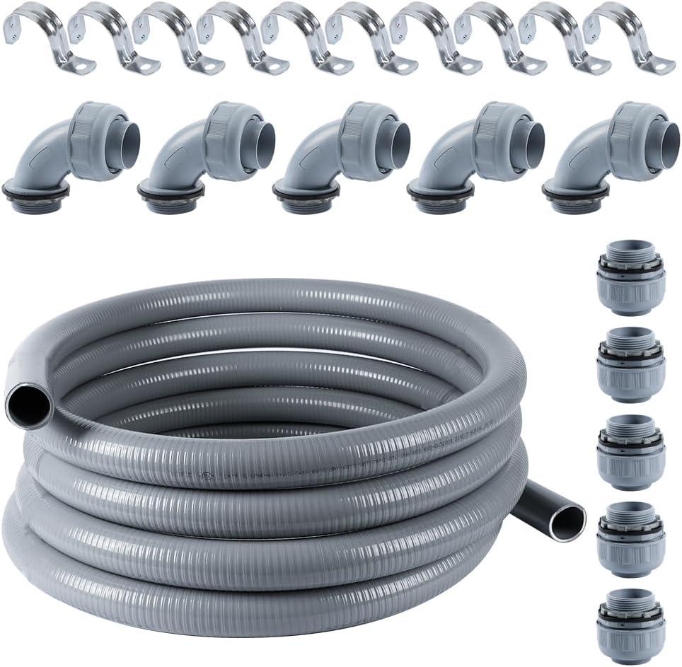Liquid-Tight Conduit 1-1/4 inch 25ft, Electrical Conduit w/UL Certification, Flexible Conduit with 5 Straight and 5 90-Degree Conduit Connector Fittings Gray Liquid-Tight Conduit 1-1/4 inch 25ft, Electrical Conduit w/UL Certification, Flexible Conduit with 5 Straight and 5 90-Degree Conduit Connector Fittings Gray