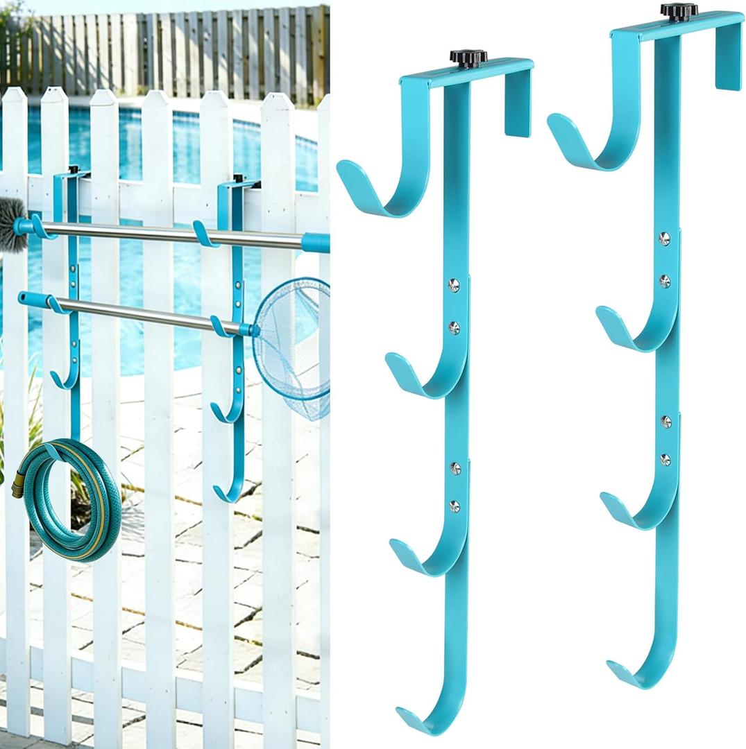 2Sets Blue Four Pool Pole Hooks Hangers, Adjustable Heavy Duty 4 Fence Hooks for Pool Poles Equipment, Pool Tool Holder for Telescopic Poles Skimmers Vacuum Hose Nets Brushes Swimming Pool Accessories