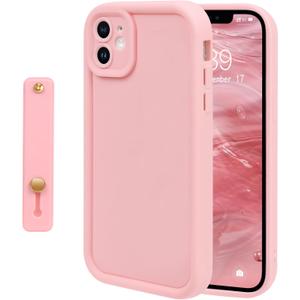 NITITOP Compatible with iPhone 12 Case Cute Simple Design Stylish Enhanced Camera Protection with Wrist Adjustable Hand Strap Kickstand Grip Holder Touch Soft Protective Cover - Pink