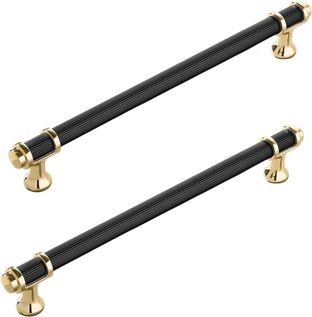 2 Pack Cabinet Handles Matte Black and Gold Kitchen Cabinet Pulls Modern Dresser Drawer Knobs for Bathroom Bedroom Closet Zinc Alloy Furniture Hardware (Overall Length 8.81in/224mm)