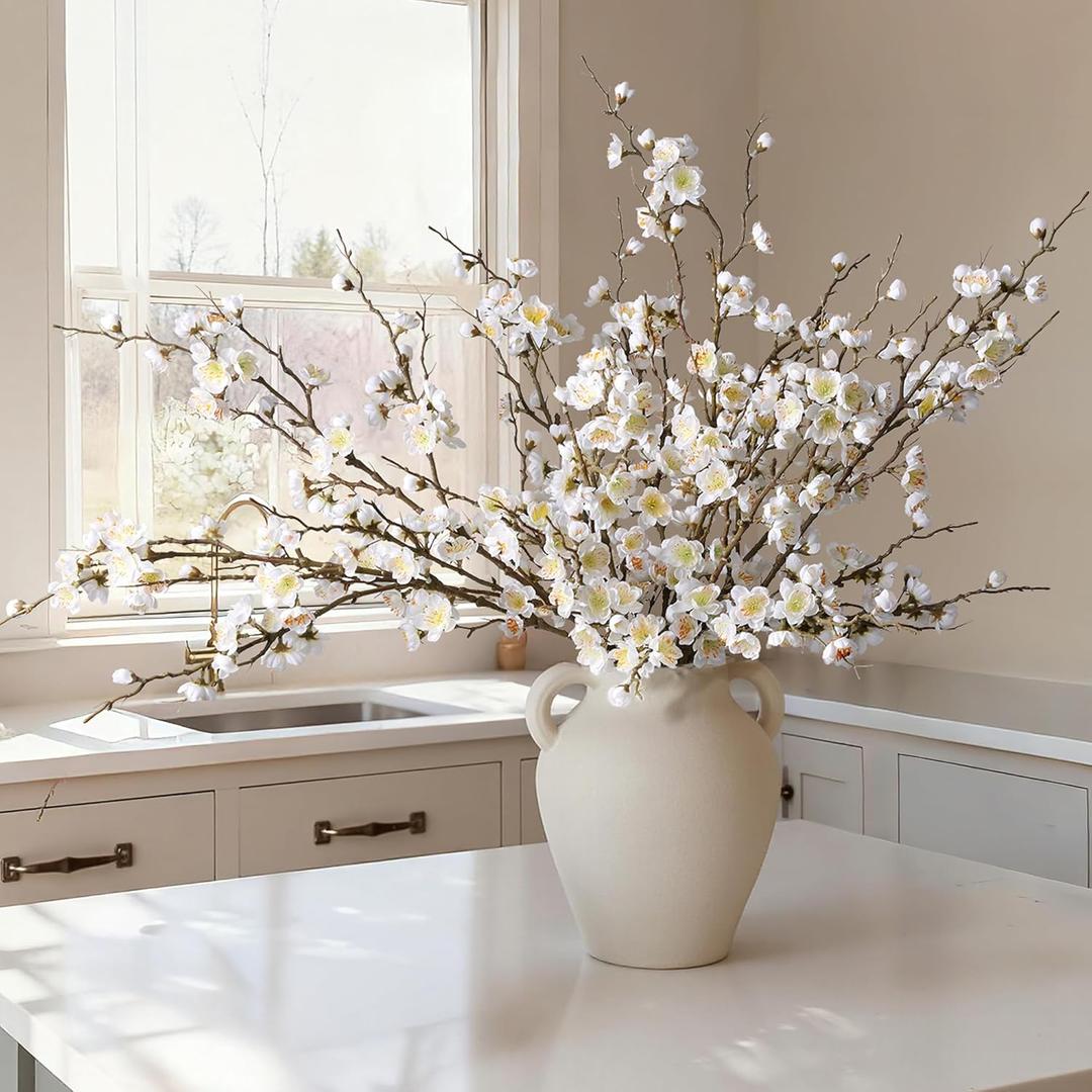 Florisso 6 PCS Artificial Cherry Blossom Branches Spring Indoor Decoration, Faux Flowers 34.45" Long Stems Plum Fake Peach Plants Real Touch Silk for Wedding Home Bedroom Party Table Office, White