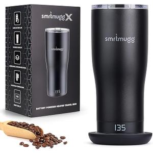 SMRTMUGG X Heated Coffee Mug 19 oz., 8 Hour Battery Life, SelfHeating, Adjustable Temp Controlled, LCD Screen, One Button Temperature Adjustment, Includes Cover with Magnetic Slider (Black) (Black)