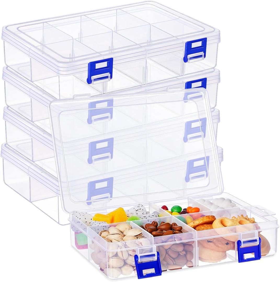 Juexica 4 Pcs Snack Box Container Adjustable Divided Snack Containers, Easy to Clean Dishwasher Safe Clear Bento Box Work Travel(7.76 x 5.12 x 1.81 Inches,8 Grids)