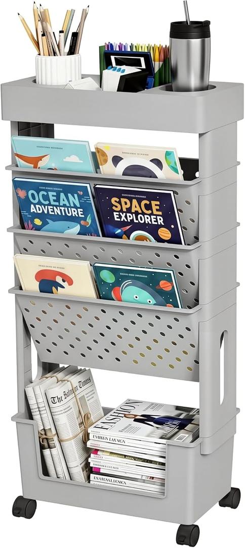 5-Tier Mobile Bookshelf, Rolling Bookcase Book Storage Rack, Movable File Folder Organizer Cart with Wheels for Home Study Office Living Room Classroom, Gray