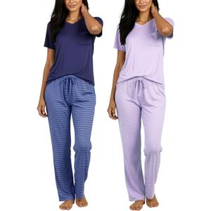 Real Essentials 2 Pack: Women's Comfy Pajama Sets - Short & Long Sleeve Ladies Loungewear Sleepwear PJs (Set B Purple & Blue, Small)