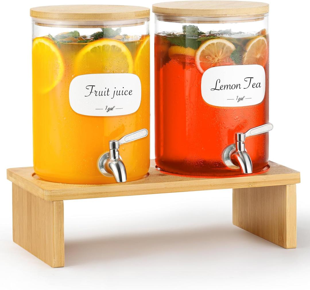 2 PCS 1 Gallon Glass Drink Dispenser for Parties. 2 Glass Beverage Dispenser with Bamboo Stand,18/8 Stainless Steel Spigot and Bamboo Lid, 8 Waterproof Labels.Usde as Lemonade,Iced& Hot Drinks.