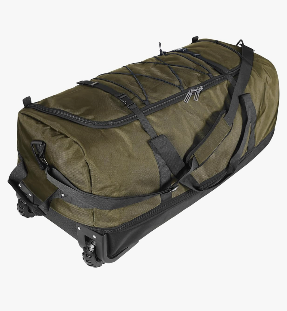 Bagenerous 110L/140L Expandable Soft-Sided Foldable Duffle Bag with 2 Rubber Wheels,Packable 32” Rolling Carry-On with Multi-Pockets & Compartments,Army Green