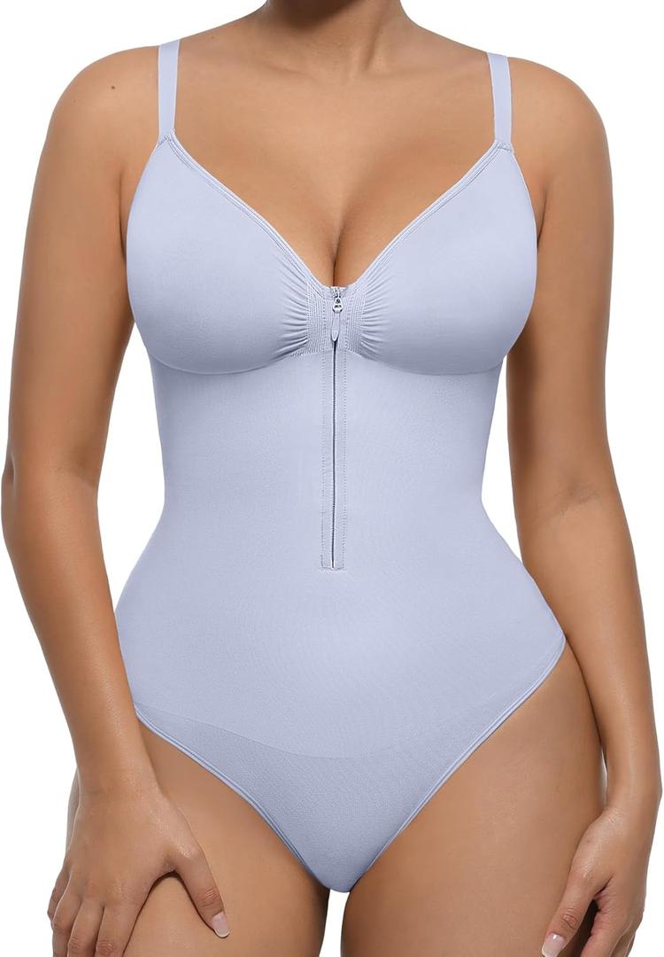 FeelinGirl Shapewear Bodysuit Tummy Control for Women Zip-Up Shapewear Thong Waist V Neck Body Shaper Going Out L