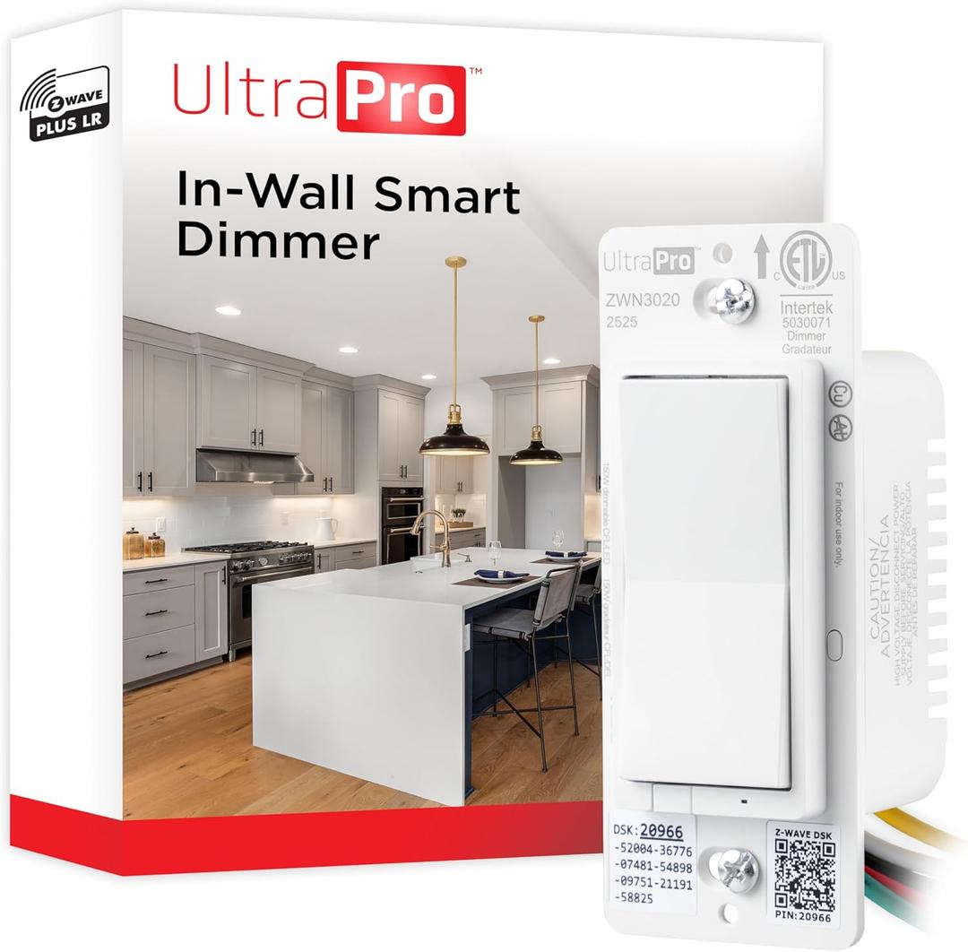 UltraPro Z-Wave Plus Long Range in-Wall Smart Dimmer for Smart Home Automation, 1 Pack, Plastic Yoke, Flying Leads, Single-Pole/3-Way, Hub Required, 76602