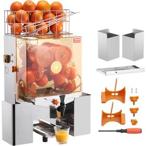 VEVOR Commercial Orange Juicer Machine, 120W Automatic Juice Extractor with Water Tap, Stainless Steel Orange Squeezer 20 Oranges/Minute, with Pull-Out Filter Box, PC Cover, 2 Peel Collecting Buckets (Silver)