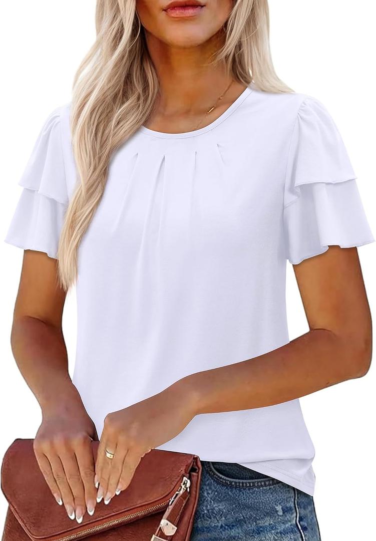 Uhiger Short Puff Sleeve Tops for Women Ruffle Blouse Pleated Summer Shirt Dressy Casual Beach Vacation Clothes, Small, White