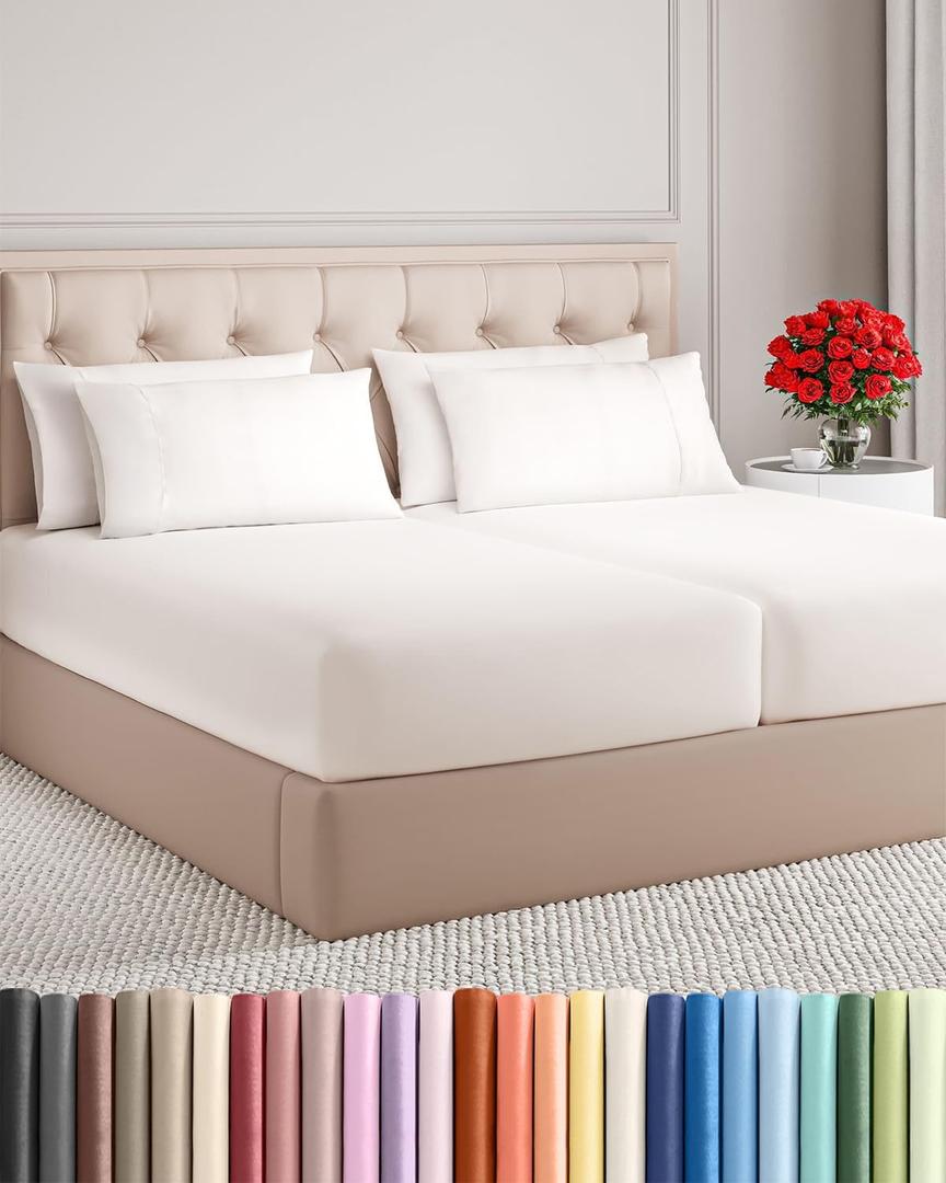Split King 7 Piece Sheet Set - Comfy, Breathable & Cooling - Soft Hotel Luxury Bedding for Women, Men, Kids, Teens & Children - 1 Flat & 2 Fitted Sheets & 4 Pillowcases w/ Deep Pockets - Antique White