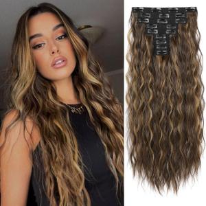 REECHO 9PCS Clip in Hair Extensions, 24" Thick Long Mini Mermaid Wave Luxurious Lightweight Japanese Technology HYOUITSU Fiber Invisible Soft Lace Weft - HE009 Dark Brown with Highlights, 24 Inch-240 Gram(Pack of 9), Dark Brown with Highlights