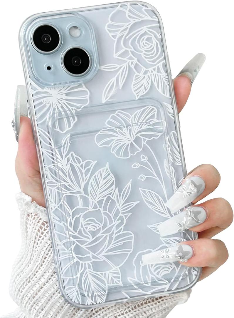 NITITOP Compatible with iPhone 15 Plus Case with Card Holder Clear Cute Line Rose Floral Flowers for Women Girls Soft TPU Wallet Shockproof Protective Cover - White