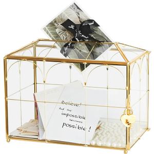 Gold Brass & Glass Wedding Card Box with Heart-Shaped Lock & Slot, Clear Envelope Holder for Reception, Secure Cash Gift Storage Box for Wedding Party, Geometric Handmade Lock Box with 2 Keys