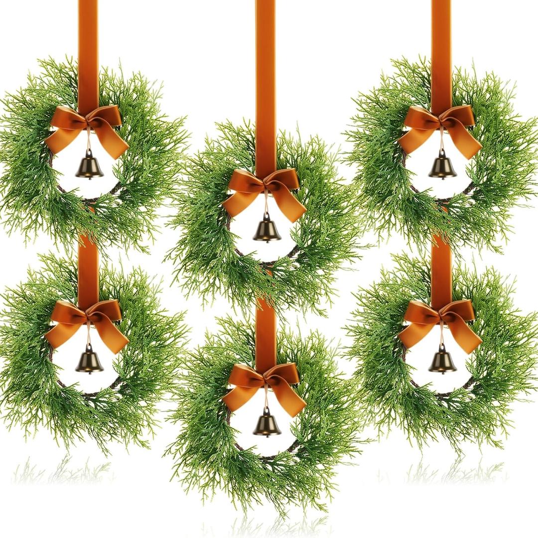 Suncalla 6 Christmas Kitchen Cabinet Wreaths with Velvet Ribbon Bell Mini Christmas Hanging Cabinet Doors Wreath Decorative for Farmhouse Kitchen Window Holiday (Brown)