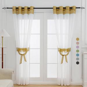 L.Z.E White and Gold Sheer Curtains 63 Inch Length 2 Panels for Living Room, Transparent Elegant Short White Curtain with Tiebacks Grommet Top Curtains & Drapes (56" W x 63" L Gold)