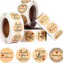 Outus 2000 Pieces Handmade with Love Stickers Roll Thank You Label Kraft Round Adhesive Stickers 4 Rolls, 500 Labels Per Roll for Present Bags Wedding Thanksgiving, 1 Inch