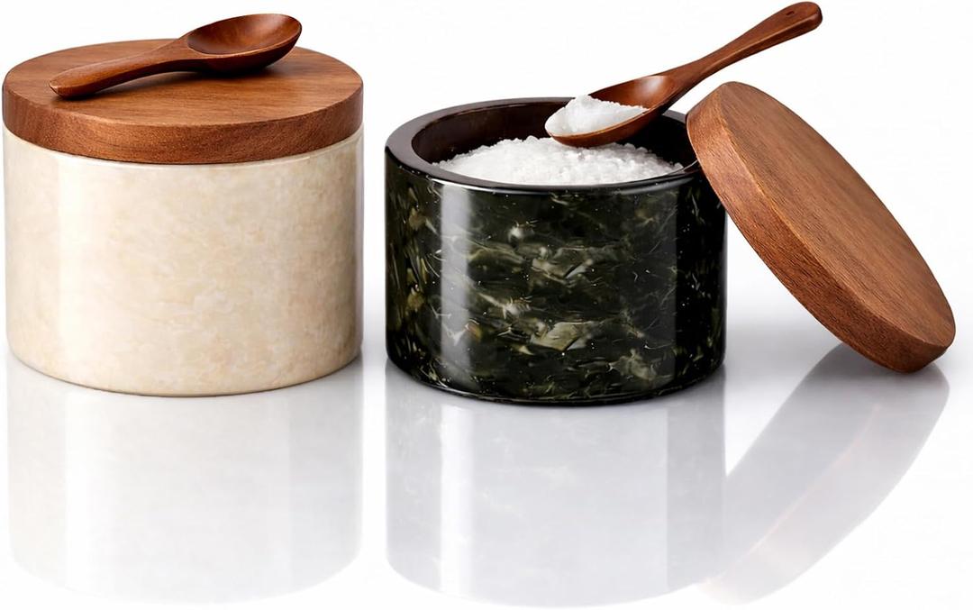 Marble Salt and Pepper Bowls,2Pcs Handcrafted Solid Marble Salt and Pepper shakers with Lids and Spoons, Stackable Spice Containers for Kitchen Counter Decor