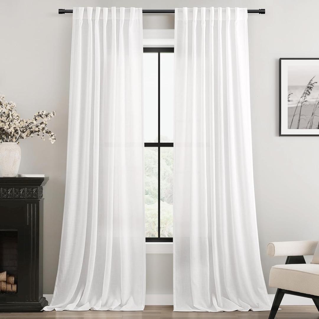 White Linen Curtains 90 inch Length for Bedroom Loop Pocket Privacy Light Filtering Semi Sheer White Boho Farmhouse Curtain 90 inch Long Drapes Cotton Textured Modern Elegant Coastal Living Room Decor 52"W x 90"L 