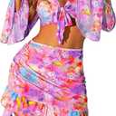 Women's 4 Piece Allover Print Bikini Halter Neck Triangle Set High Cut Bikini Swimsuit Bathing Suit (Large, Multicolor)