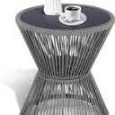 LEWIS&WAYNE Small Outdoor Side Table Patio 20 H Woven Rope Hourglass End Table with Glass Top Round Coffee Table for Living Room Outdoor Patio Backyard Poolside (Gray)