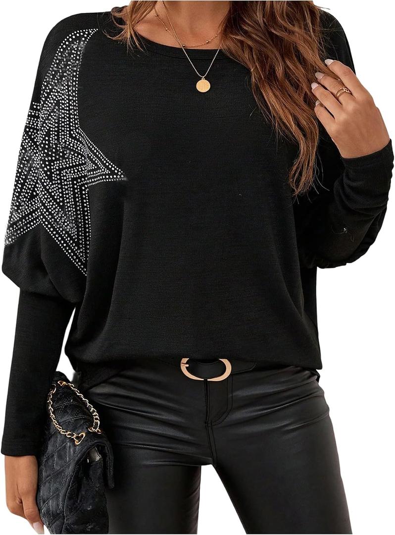 SOLY HUX Women's Long Sleeve Rhinestone Tops Crew Neck Casual T Shirt Spring Fall Clothes (M)