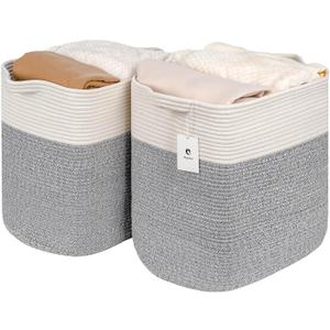 Storage Baskets for Clothes Fabric Cotton Rope Storage Basket with Handles, Decorative Woven Basket for Living Room,Closet Organizer Blankets, and 2bags (Silver Gray, L17.8W12.5H17.9)